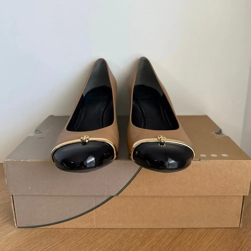 Tory Burch Pacey Tan/Patent Black Cap Toe Women Wedge Heels - SZ 9.5